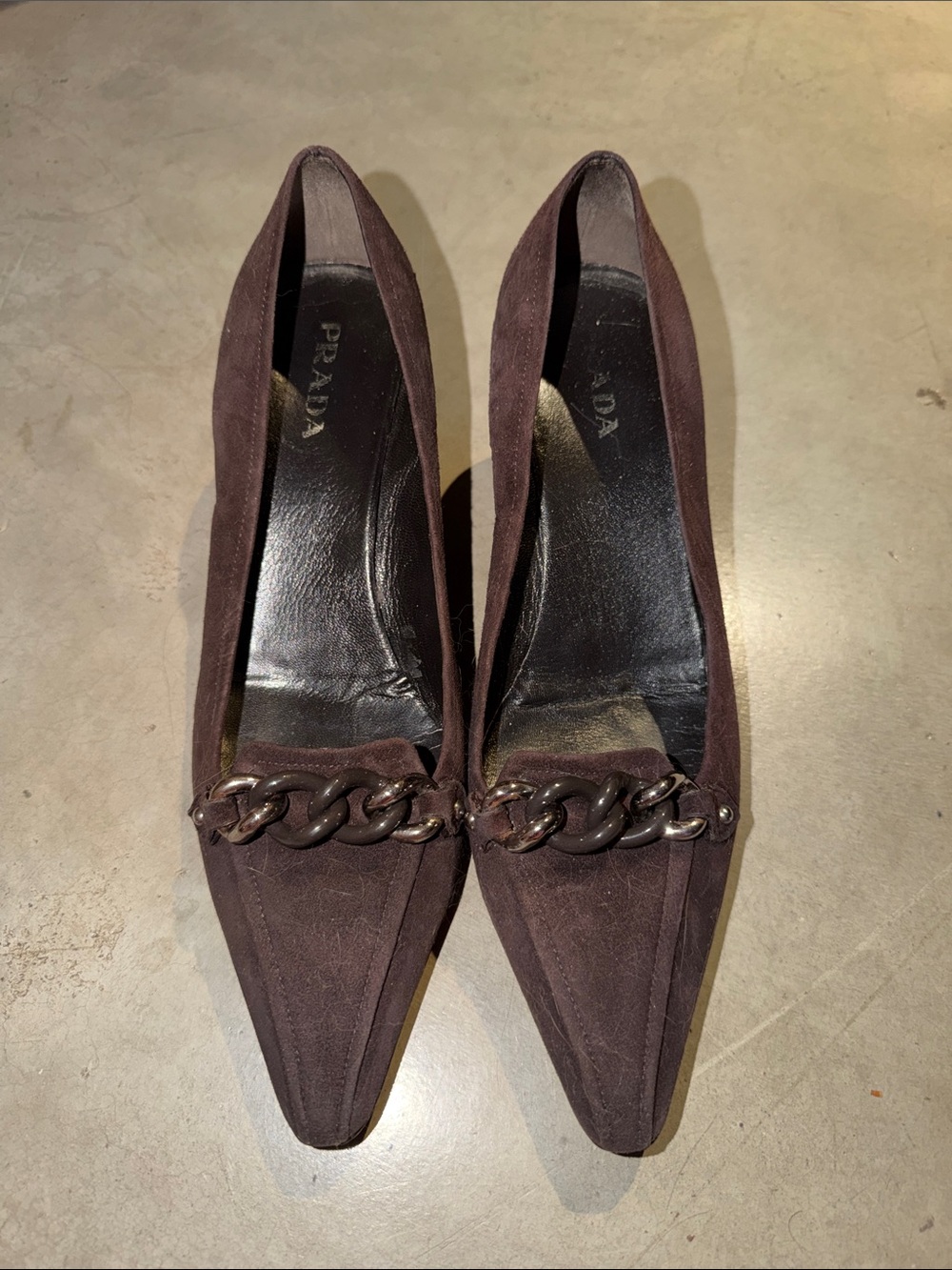 Prada Brown Suede Pointed Flats with Chain Accent